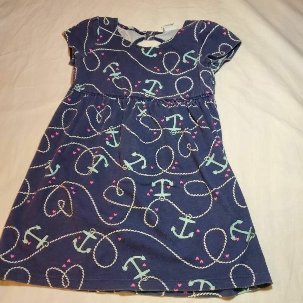 Healthtex Girls A-Line Dress Blue Anchor Print Short Sleeve Scoop Keyhole 4T